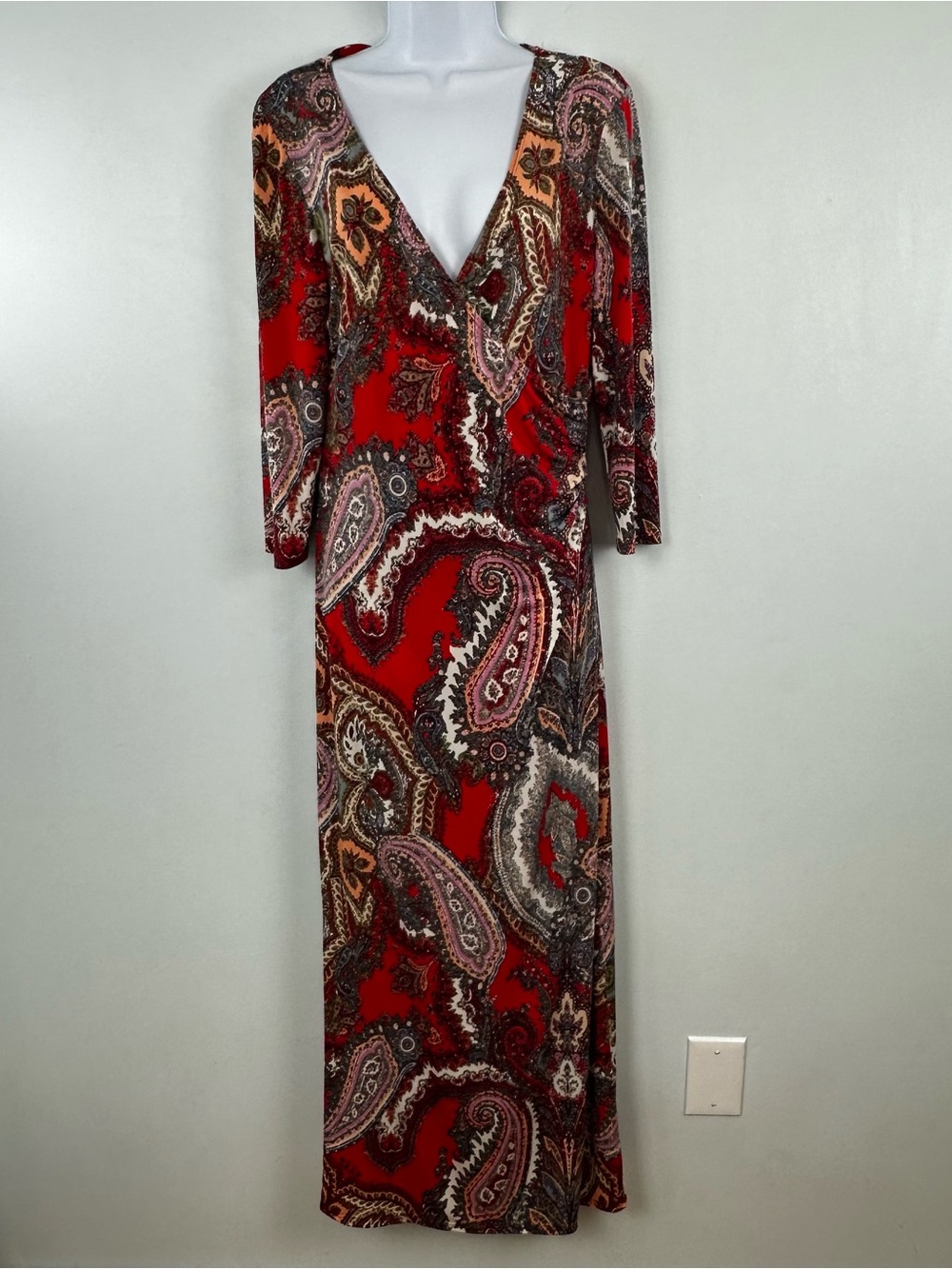 MSK Red Paisley V-Neck Long Sleeve Maxi Dress Faux Wrap Top 3/4 Sleeve Small